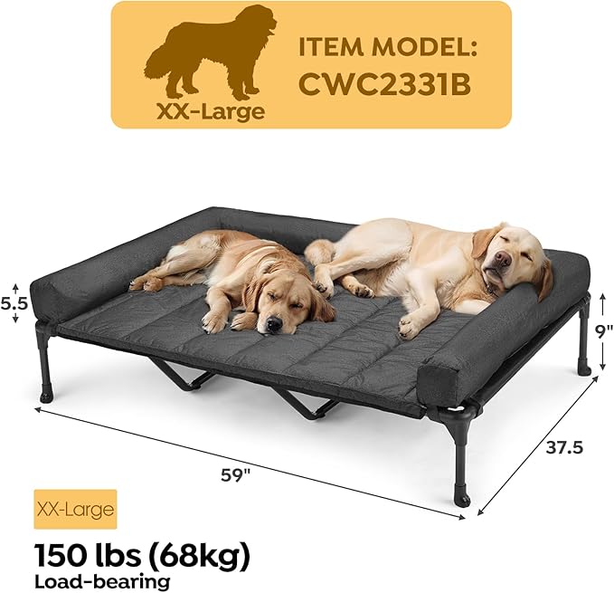 Veehoo Cooling Elevated Dog Bed Add Removable Waterproof Bolster Cushion Mat, Raised Pet Cot with Breathable Teslin Mesh, No-Slip Feet, Dog Sofa Bed for Indoor Outdoor, XXLarge, Black CWC2331B