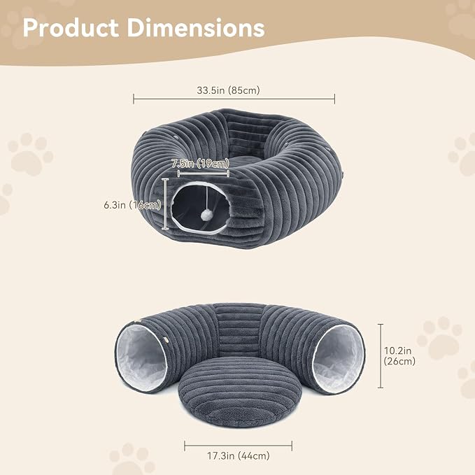 Dogpals Cat Tunnel Bed Cave 33" Lx10 Wx10 H for Indoor Cats | Washable Cozy Cushion, Soft Striped Plush Fabric, Hideaway Peekaboo Cave for Kittens, Puppies, Rabbits & Small Pets
