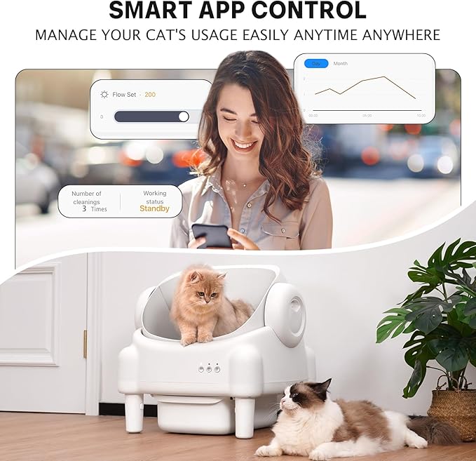 Self Cleaning Litter Box,Open Top Automatic Litter Box with App Control for Multiple Cats, Safety Sensors Protection, Odor Control Includes 2 roll Liners,Large Waste Bin, Cream White