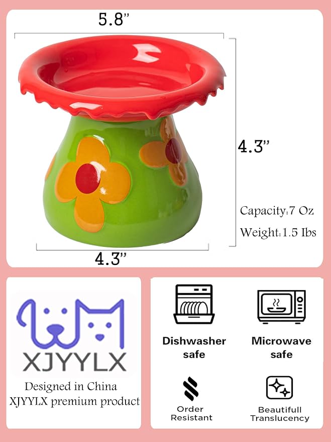 Mushroom Elevated Cat Bowls Ceramic, Cute Cat Bowls Whisker Fatigue | Raised Cat Bowl for Indoor Cats, Raised Dog Bowls Stand for Food and Water, Red 5.8" Wide for Adult Cats