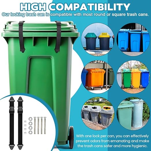 Kakalote 2pcs Adjustable Black Nylon Trash Can Locks, Universal Bear Proof, Easy Installation, Animal Proof, High Compatibility