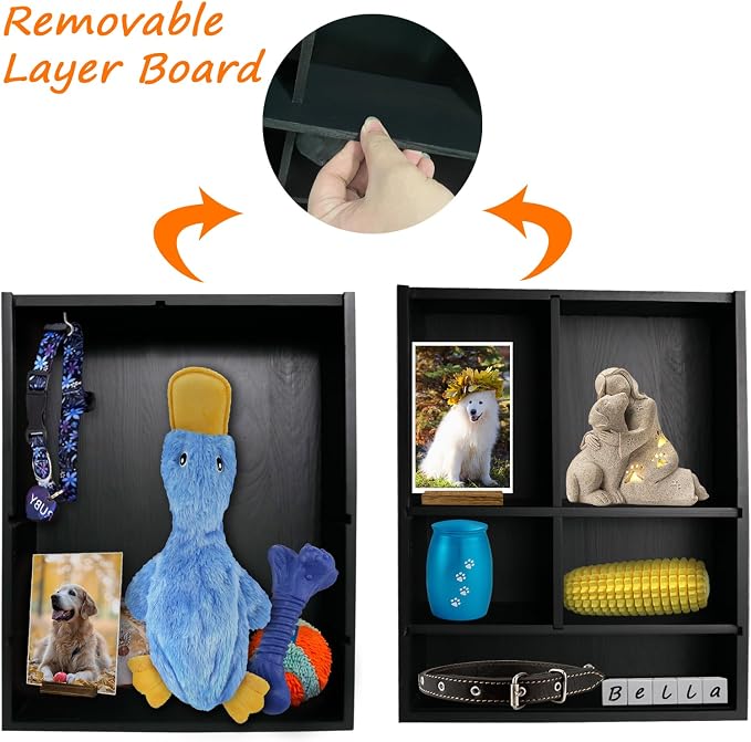11*14" Solid Wood Pet Memorial Shadow Box Frame with Shelves | Deep Pet Memory Box Display Case for Dogs or Cats Urn Ashes Paw Print Keepsake for as Loss Remembrance Sympathy Gift- Black