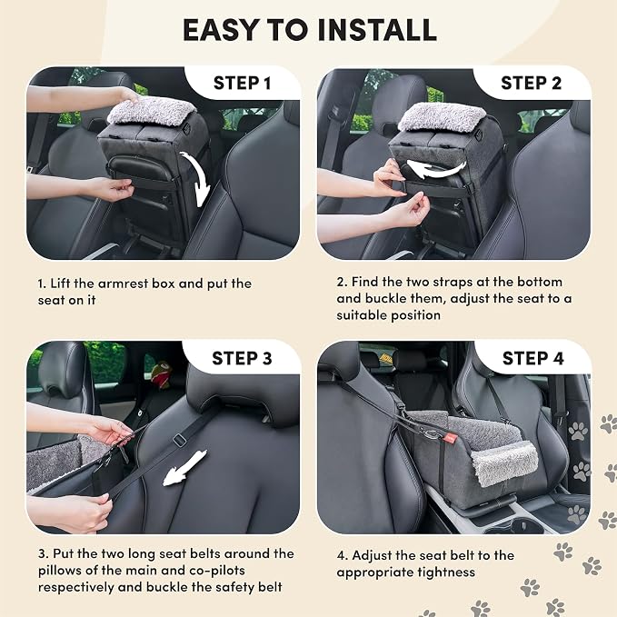 Center Console Dog Car Seat for Small Pets to 11lbs, Grey | Anti-collapse armrest Console seat with washable fluffy cushion, pillow & tether for stable, cozy pet travel trips.