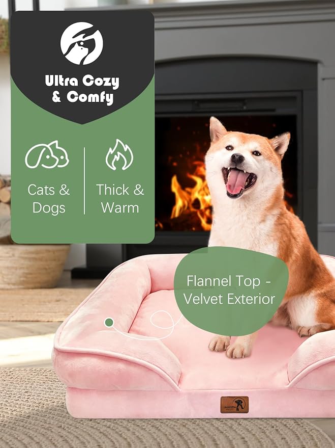 Spotted Play Orthopedic Dog Bed with Sides - Sofa Beds for Medium Dogs, Supportive Foam Pet Couch Bed with Washable Removable Cover, Waterproof Lining and Non-Slip Bottom, Pink - M