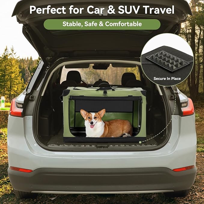 PETSFIT 30" Soft Portable Dog Crate – Patented Spiral Sturdy Frame, Collapsible Travel Kennel for Medium Dogs, 3 Mesh Door, Lockable Zippers, Indoor & Car Use Green