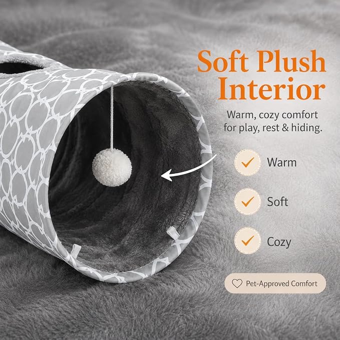 Geometric Straight Cat Tunnel with Plush Inside,Cats Toys Collapsible Tunnel Tube with Balls, for Rabbits, Kittens, Ferrets,Puppy,Diameter 11.8 Inch