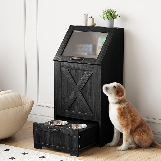 Dog Feeding Station with Storage Cabinet and 2 Elevated Dog Bowls, Hidden Pet Food Storage Organizer for Dog &Cat, Modern Dogs Furniture, Black