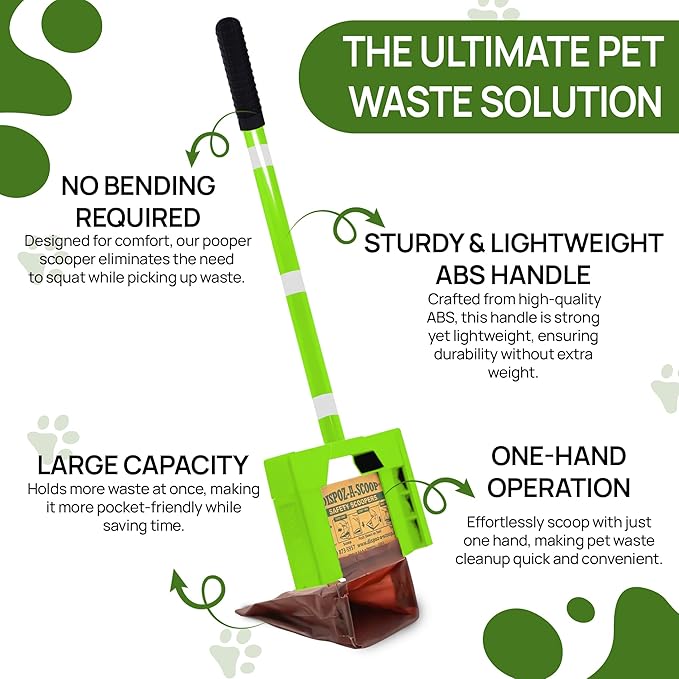 Dispoz-A-Scoop® Revolutionary 4-in-1 Dog Poop Scooper, 24" Handle & 8 Refill Bags - Fast, Easy, Clean with Disposable Bag Attachment, Just Scoop & "Pop" into trash. U.S.A, Always Stays Clean.