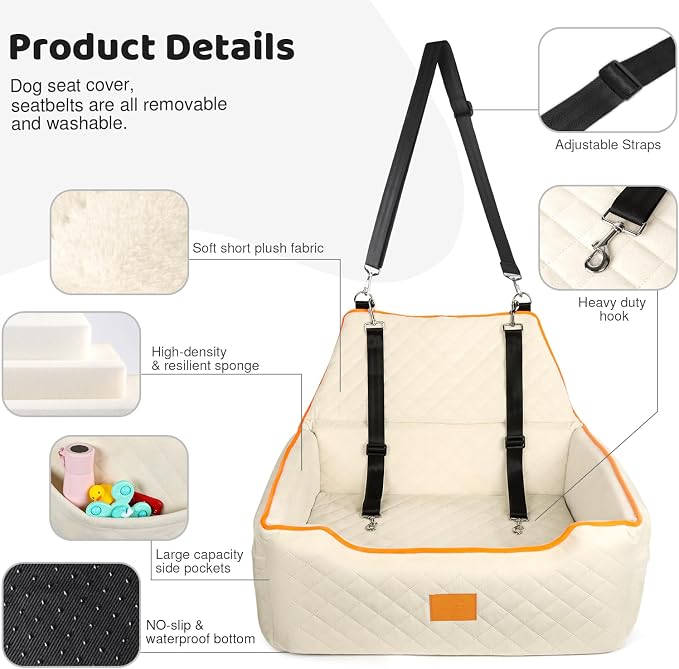 XIEEAOZEE Dog Car Seat for Large/Medium Pet Under 55Lbs or 2 Small Dogs | Detachable and Washable Booster Dog Seat Travel Pet Seat with Thick Cushion & Storage Pockets (Beige)