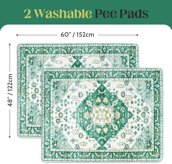 Washable Pee Pads for Dogs, 2 Pack Reusable Puppy Training Pads 60"x48" Super Absorbent Waterproof Dog Training Pads, Non-Slip Potty Pads, Whelping Pads Litter Mat Green Medallion