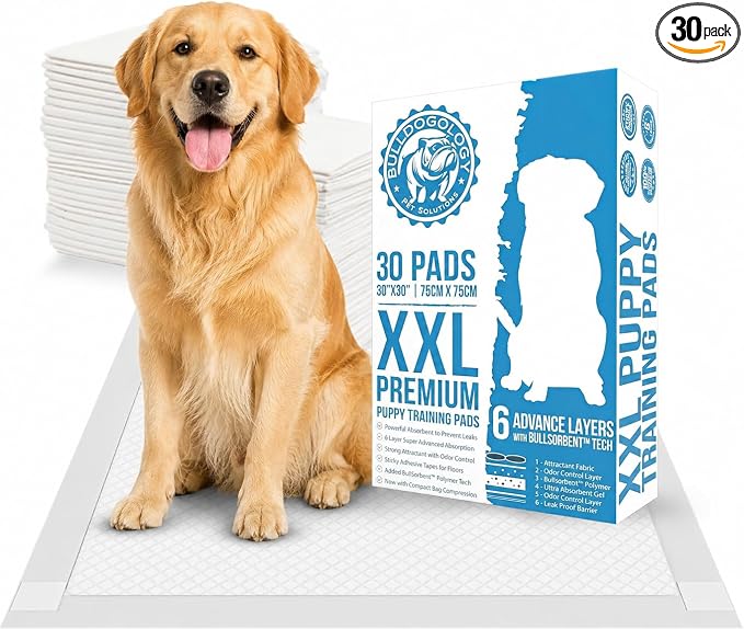 Bulldogology Puppy Pee Pads XXL with Adhesive Sticky Tape - Extra Large Dog Training Wee Pads (30x30) 6 Layers with Extra Quick Dry Bullsorbent Polymer Tech (30-Count, White)