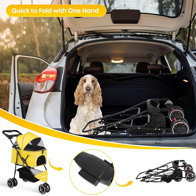 Pet Stroller,Dog Stroller for Small Medium Dogs Cats,3 Wheels,Yellow | Foldable,with Breathable Mesh Canopy,Cup Holders,Easy Assembly