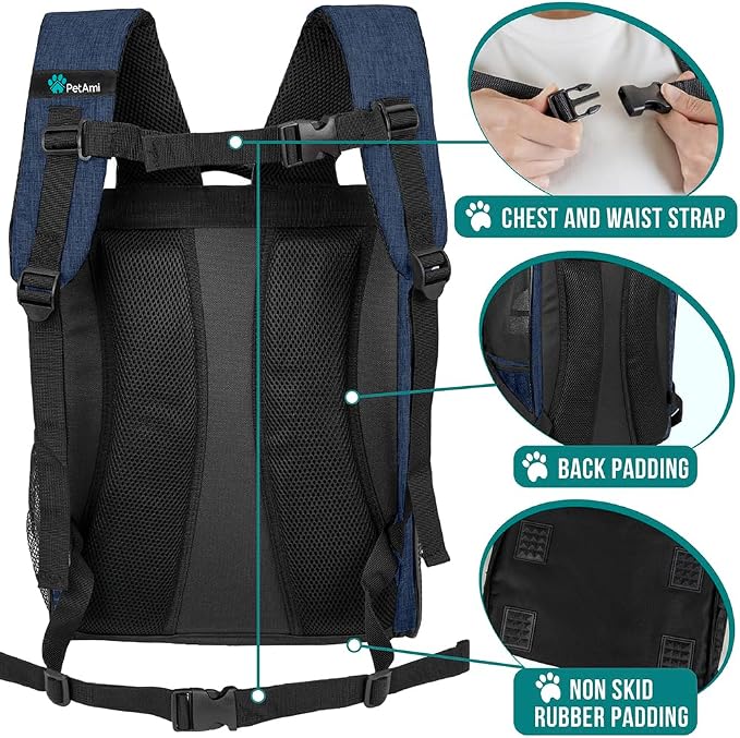 PetAmi Dog Backpack Carrier for Small Medium Dogs Large Cats up to 18 lbs, 2 Side Entry, Structured No-Collapse Frame, Airline Approved Ventilated Pet Backpack for Hiking Camping Travel Vet, Navy
