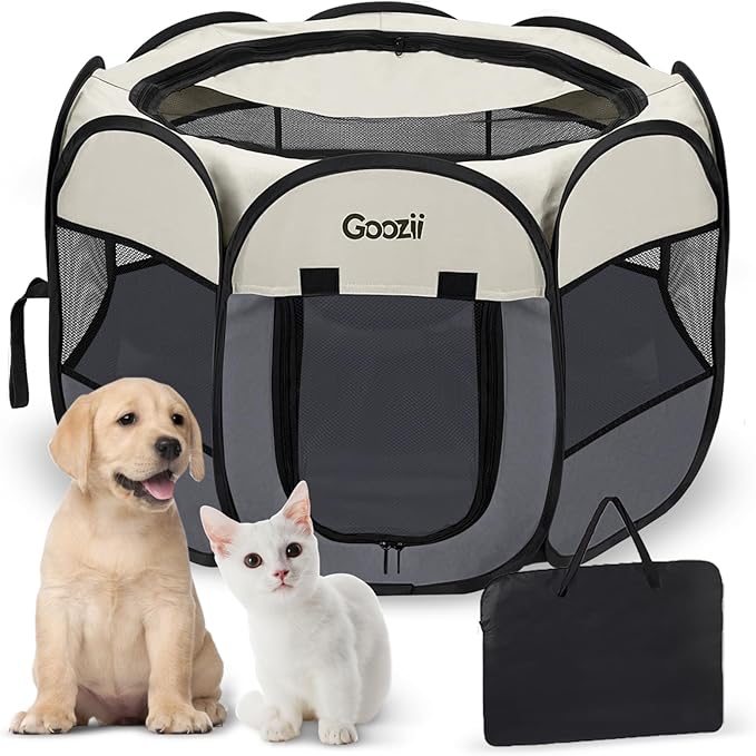 Goozii Pet Cat Playpen for Indoor Cats Enclosed, Puppy Dog Play Pen for Outdoor Travel Camping (Medium Size, Beige & Dark Grey)
