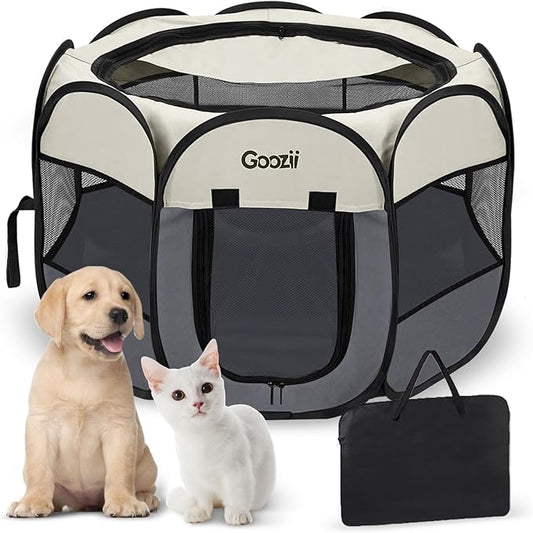 Goozii Pet Cat Playpen for Indoor Cats Enclosed, Puppy Dog Play Pen for Outdoor Travel Camping (Medium Size, Beige & Dark Grey)