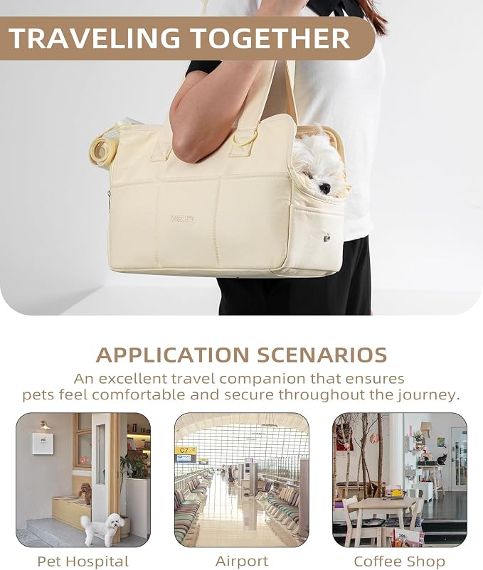 ONECUTE Dog Purse Carrier for Small Dogs Rabbit cat with Large Pockets, Cotton Bag, Dog Carrier Soft Sided, Collapsible Travel Puppy Carrier (Beige, 13.6" L x 6.5" W x 10" H)
