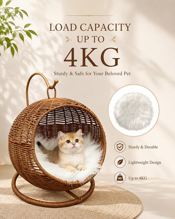 Wicker Cat Bed Indoor & Outdoor, Handwoven PP Rattan Cat Swing Bed with Removable Washable Cushion, Breathable Waterproof Cat House for Cats & Small Dogs (Small–11.4" L × 18.9" H)