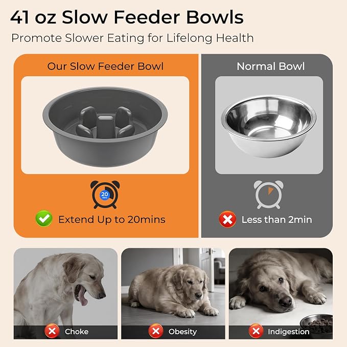 URPOWER Mess Proof Elevated Dog Bowls 4 Height Adjustable Raised Stand | No Spill Water Bowl, Slow Feeder Dog Bowls, Non-Slip Food and Water Bowl Set for Small, Medium & Large Dogs