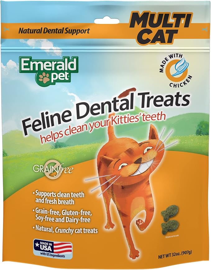 Emerald Pet Feline Dental Treats — Tasty and Crunchy Cat Treats Grain Free — Natural Dental to Clean Teeth, Freshen Breath, and Reduce Plaque and Tartar Buildup — Chicken, 32 oz