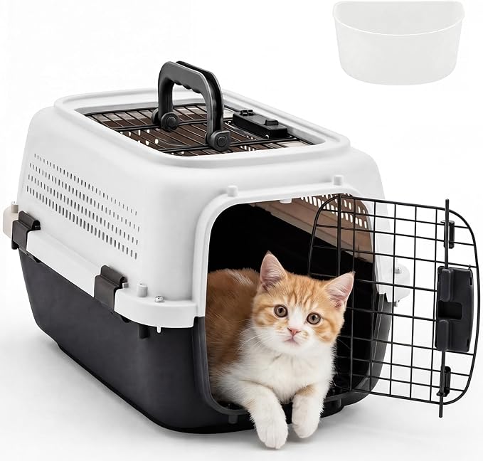 DUMOS 23" Hard-Sided Pet Carrier for Small Pets, 2 Door Cat Carrier, Black | Airline Approved Dog Crate, Enhanced Security Latches, Front & Top Load Wire Door, Food Bowl for Traveling, Hiking, Camping