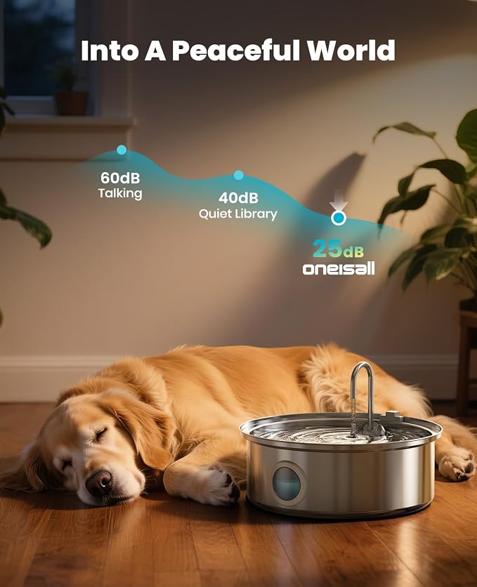 oneisall 7L/230oz Dog Water Fountain for Multi-pet Household,PWF002 | 25db Quiet Design,304 Stainless Steel,Contain 3 Set Filters,Visual Water,5-Layer Filtration,Fit for Living Room Kitchen