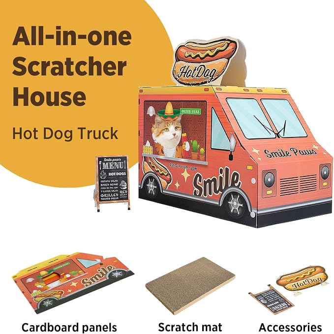 Cat Beds for Indoor Cats, Cardboard Cat House with Scratchers, Hot Dog Truck, Large Sturdy Cat Furniture Condo Cave Tent, Easy to Assemble Pet Toys Accessories Stuffs, Bunny Small Animals