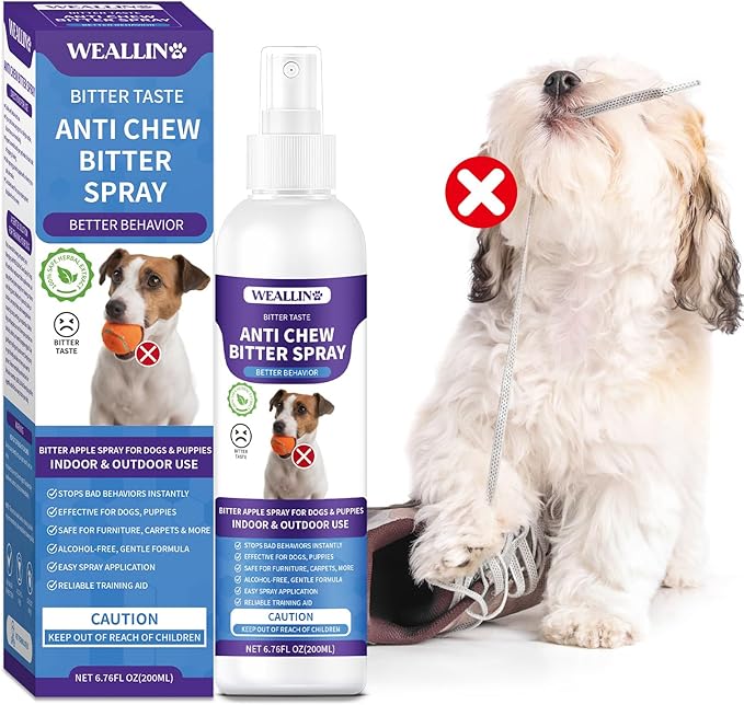 WEALLIN No Chew Spray for Dogs - 6.76 Fl Oz, Bitter Apple Spray for Dogs, Dog Deterrent Spray, Stops Chewing and Licking, Protects Furniture, Prevents Wound Licking, Non-Toxic, Alcohol-Free