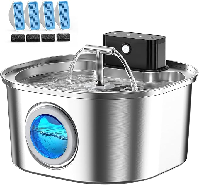 Voluas Stainless Steel Cat Water Fountain, Wireless, 108oz/3.2L, 4Filter | Cordless Design, T-Shaped Dual Water Outlet, Ultra-Quiet Pump, BPA-Free