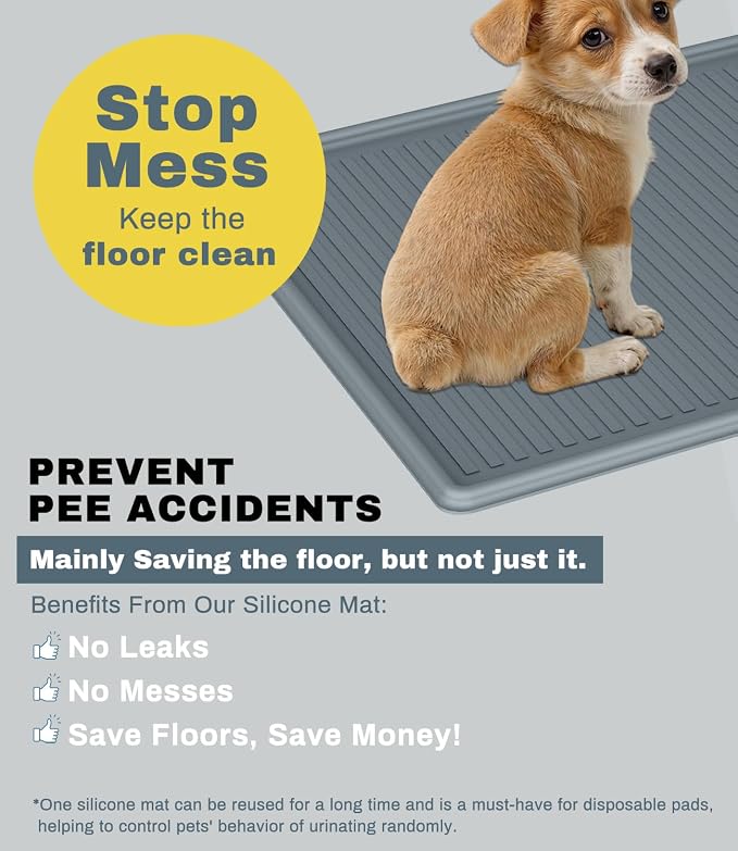 Thick Silicone Pet Pee Pad Holder, Medium Tray for 22" x 22" Disposable Pads, Raised High Edge Leak-Proof Training Mat for Puppy, Dogs, Cats