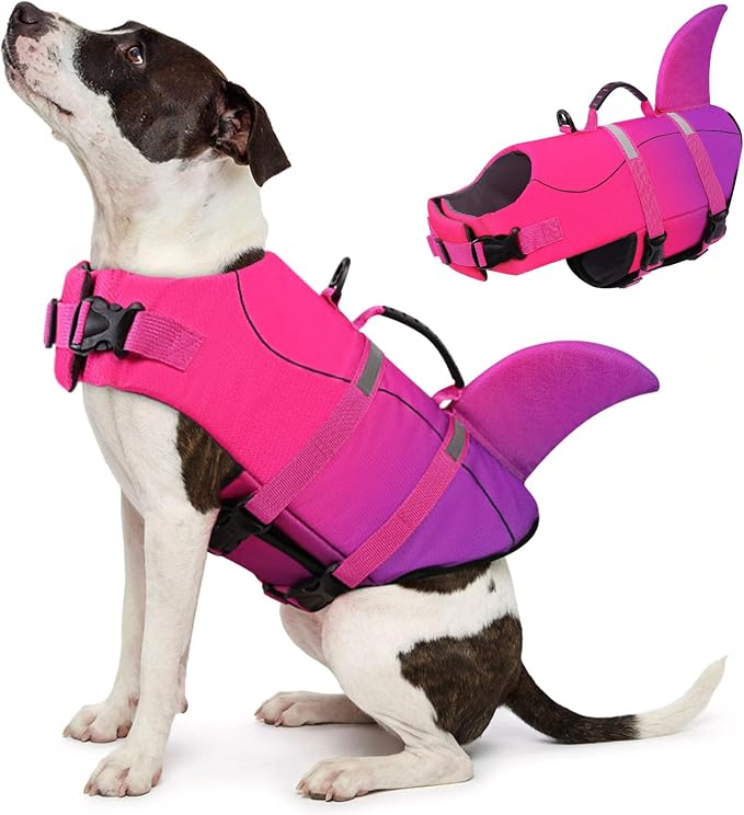 Dog Life Jacket High Flotation, Reflective Dog Life Vest for Swimming, Adjustable Dogs Life Preserver Rescue Handle Spring Summer Pool for Small, Medium, Large Dogs (Pink Purple,M)