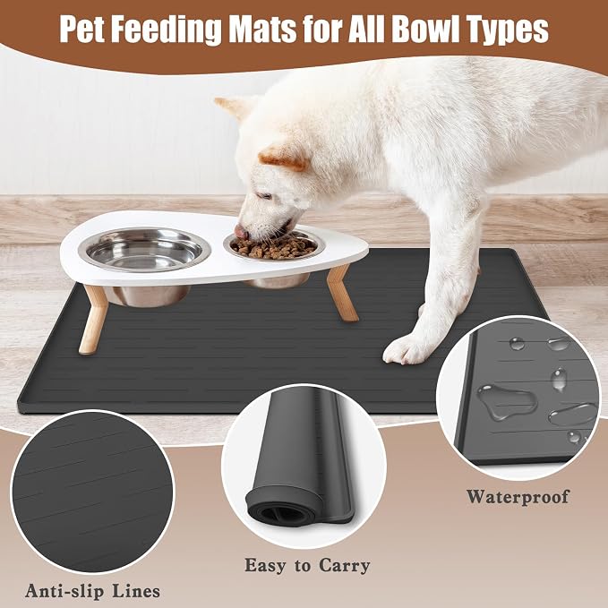 24"x16" Large Dog Food Mat, Silicone Dog and Cat Mats for Food and Water Bowls, Waterproof Raised Edge Pet Feeding Mat for Contain Spills Protects Floors, Multiple Colors & Sizes for Pets, Lake Blue
