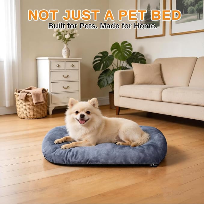 Washable Oval Large Dog Bed, Silver-Tipped High-Resilience, Dusty Blue | Non-Slip Bottom Prevents Sliding, Soft Plush Short Fur, Machine Washable, Ideal for Crates/Apartments/Cozy Nooks,35"x22"x3.2"
