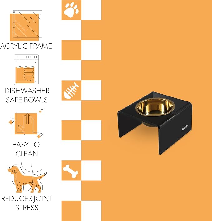 DBL2002B Keaton 5" Small/Medium Modern Acrylic Rectangular Elevated Pet Feeder with 20oz 1-Stainless Steel Bowl, Black/Gold