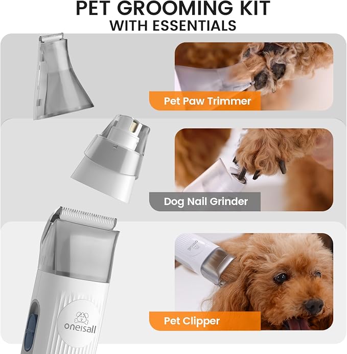 oneisall Dog Grooming Vacuum, Pet Grooming Vacuum with Clipper Nail Grinder, 1.5L Dust Cup Dog deshedding Brush with 7 Tools for Shedding Pet Hair, Home Cleaning (Grey) | 11kPa Strong Suction, 59dB Low Noise,Clipper & Nail Grinder Included, 7-in-1 Groo...