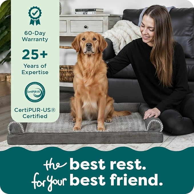 Furhaven Orthopedic Dog Bed for Large/Medium Dogs w/ Removable Bolsters & Washable Cover, For Dogs Up to 55 lbs - Luxe Faux Fur & Performance Linen Sofa - Charcoal, Large
