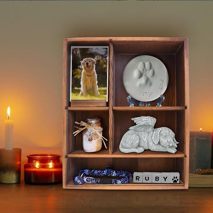 Solid Wood 11*14" Pet Memorial Shadow Box with Adjustable Shelves | Pet Memory Box Display Case for Dogs or Cats Frame Urn Ashes Nose Paw Print Keepsake for Pet Sympathy Gift- Charred Black