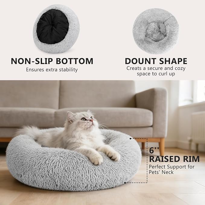 MIXJOY Calming Cat Beds for Indoor Cats, 20'' Kitten Donut Bed for Pet Up to 15lbs, Fluffy Small Cat Cuddler Bed, Anti-Anxiety Plush Faux Fur Large Cat Bed Washable (20'', Grey)