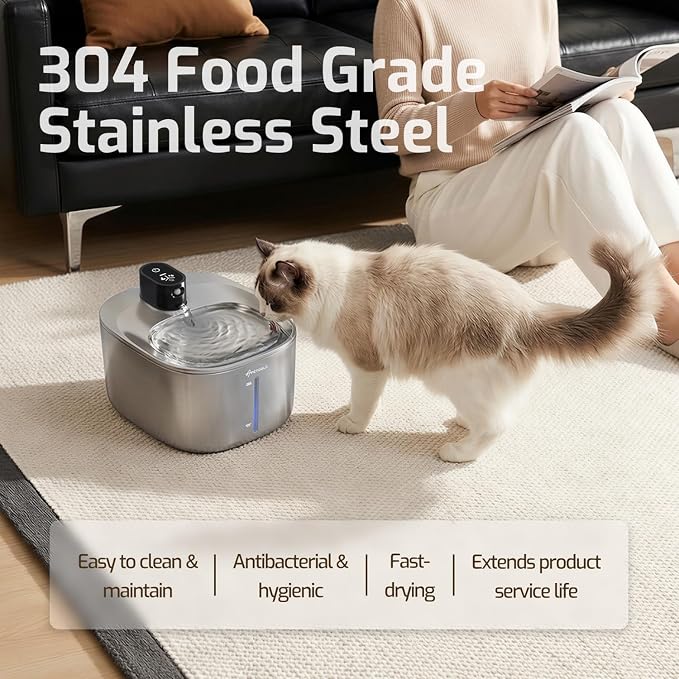 Wireless Cat Water Fountain Stainless Steel,135floz/4L Battery Operated Automatic Pet Fountain,Cordless Cat Water Dispenser Pet Water Fountain for Cats Dogs Pets Outdoor