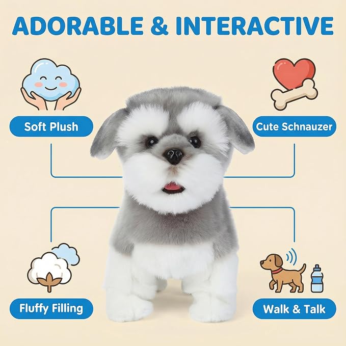 CU-MATE Plush Interactive Simulation Dog-Realistic Puppy Electronic Toy Dog Cat with Walking/Barking/Wagging Tail/Talking-Like Real Robotic Present (Electric Schnauzer)