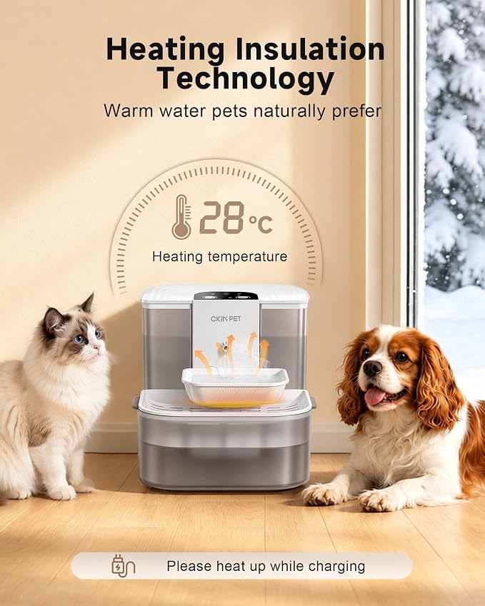 Filterless Heated Cat Water Fountain,4.5L Wireless Pet Automatic Dispenser | Heats Water to 28°C, Timed Dispensing, Wastewater Separation, Food-Grade Ceramic Bowl, 4000mAh Battery, Remote Control