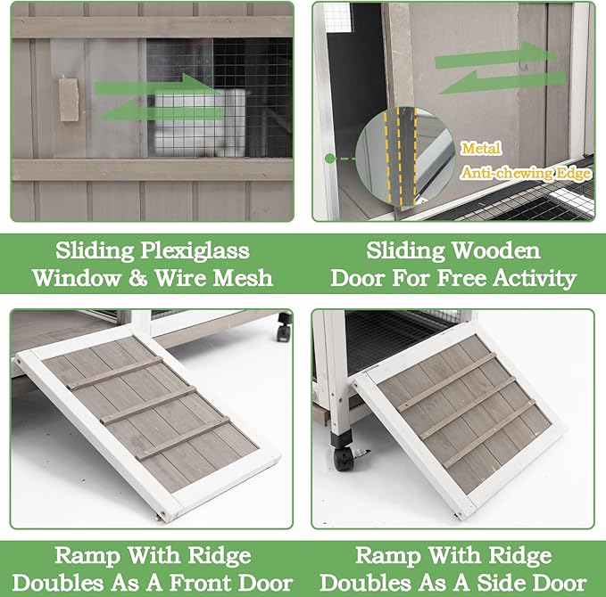 Gowoodhut 38.19"L Rabbit Hutch Indoor and Outdoor with 4 Wheels,Wooden Rabbit Cage with Pull Out Leak-Proof Tray for 1-2 Rabbits,Bunny Hutch with Asphalt Roof Suitable for Garden,Park,Living Room,Grey
