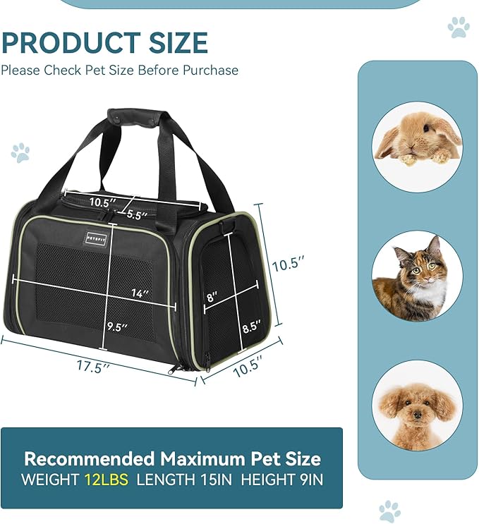 PETSFIT Pet Carrier Airline Approved with Extendable Mat, Dog Carriers for Small Dogs, TSA Approved Pet Carrier, Puppy Carrier for Small and Medium Cats Under 12 Lbs, Black | Airline Approved, Extendable Mat, TSA Approved, For Dogs & Cats Under 12 Lbs