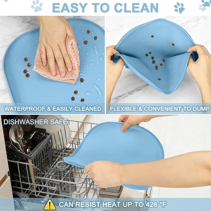 SMILOOL Waterproof Silicone Pet Food Mat with Raised Edge for Dog & Cat | 12" x 12" Non-Slip Small Pet Feeding Mats with Lip for Food & Water Bowl, Food Grade, Easy Cleaning, Light Blue