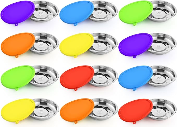 Patelai Stainless Steel Dog Bowls with Silicone Lids for 1.9 Cups Portable Food and Water Dishes for Pets Sealable Containers for 6.3" for Cats & Small Dogs(24 Pcs,Red,Blue,Green,Purple,Yellow,Orange)