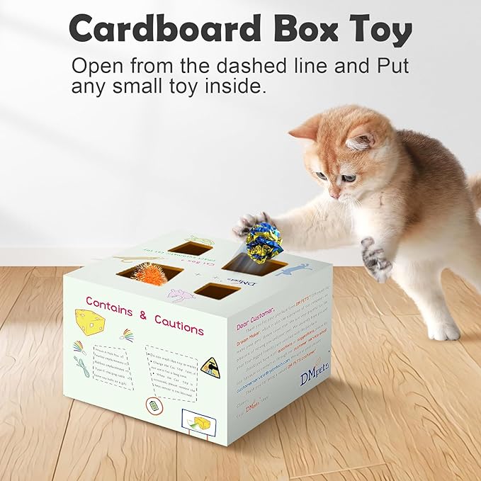 Migipaws Automatic MigiBox Plus Cat Toys 3 in1 Interactive Pounce Mystery Under PopSkin 12 Holes Cardboard Kitten Toys for Indoor Rechargable 8 Accessories(White)