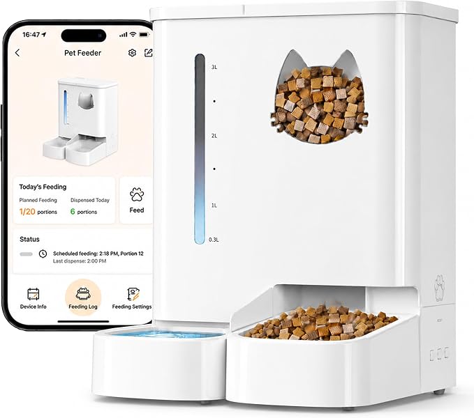 Waithem Automatic Cat Feeder with Camera, 5GHz/2.4GHz WiFi Smart Pet Food Dispenser with HD Night Vision, App Remote Control, 2-in-1 Food and Water Station, Detachable for Cleaning (Ice White)