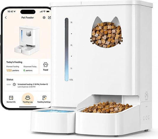 Waithem Automatic Cat Feeder with Camera, 5GHz/2.4GHz WiFi Smart Pet Food Dispenser with HD Night Vision, App Remote Control, 2-in-1 Food and Water Station, Detachable for Cleaning (Ice White)