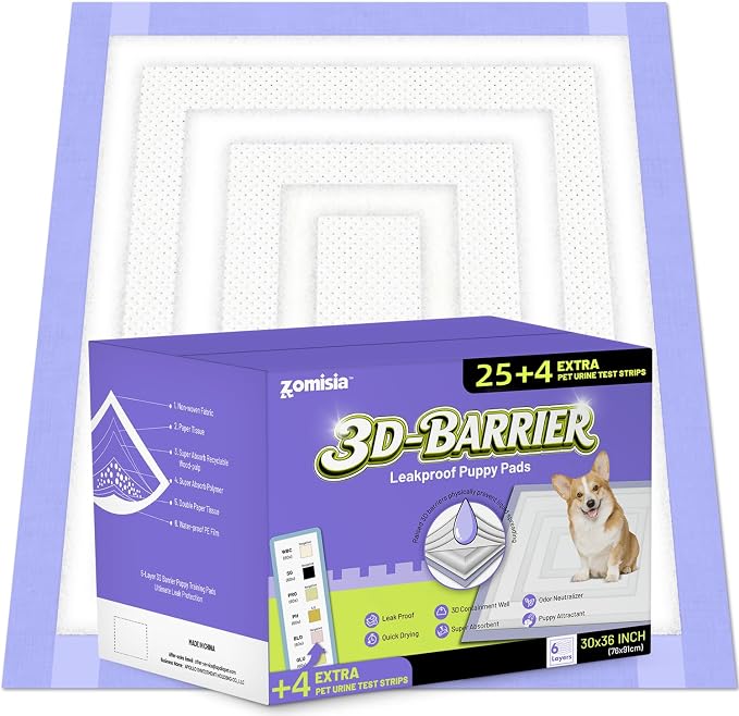 ZOMISIA 3D-Barrier Puppy Pee Pads for Dogs, 18 Cups Absorb & Rise Puffy Gel-Wall Leak-Proof, 30"x36" 25 Counts + 4 Pet Urine Test Strips, Super Absorbent Disposable Potty Training Pads
