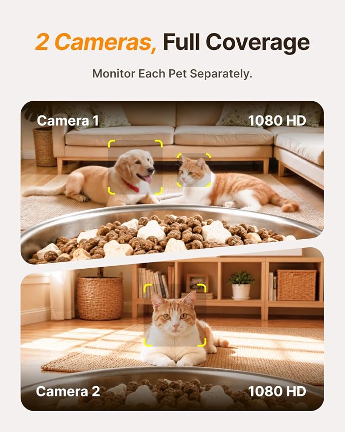 Dual-Camera Automatic Pet Feeder with 2 Bowls, 6L Smart Feeder for 2 Cats | 2K HD Video, App Control, Slow Feed Mode, Up to 20 Meals, 2-Way Audio, Night Vision, iOS/Android, Dry Food Only, Black