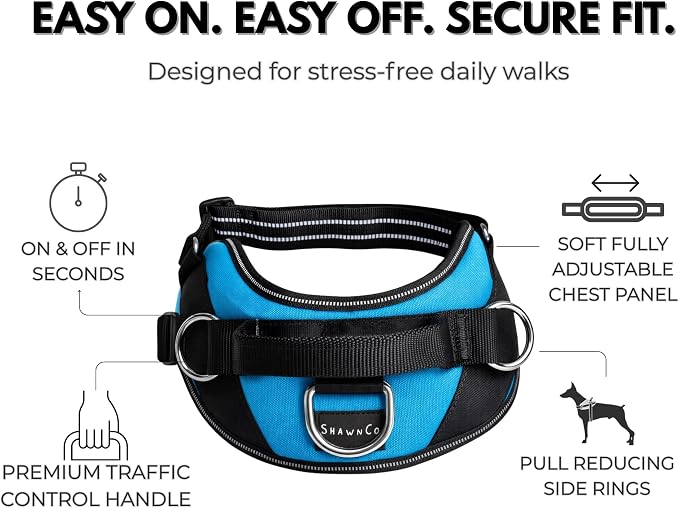 ShawnCo Essential Dog Harness, No-Pull Pet Vest (Midnight,L) | 3 Leash Clips, Easy On, No-Choke, Reflective, Adjustable Fit, Padded Comfort, Control Handle, For Small, Medium & Large Dogs